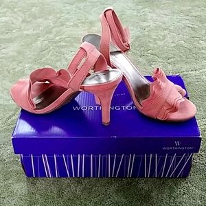 Heels-strappy 3-1/2". Blush suede. Size 6